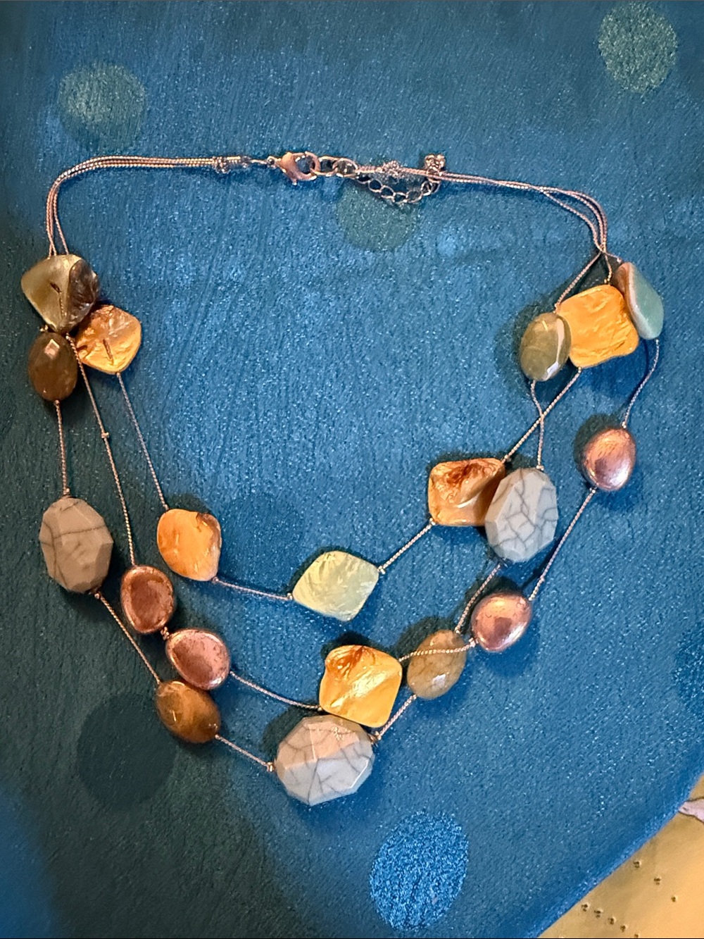 Multi-Strand bead & Shell Bead Necklace in Gold, Copper & Pale Blue